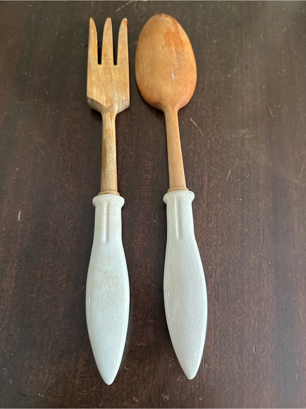 Vintage Hand Painted Ceramic & Wood Salad Serving Set Folk Art Floral Spoon Fork